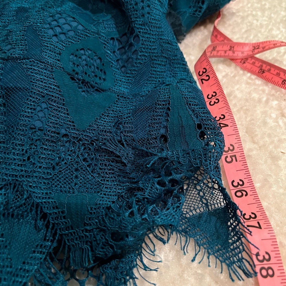NWT $195 foxiedox | Gloria | Lace Dress with Sheer Arms in Sapphire & Teal Black - Picture 15 of 16